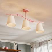 Plafondlamp Alice, roze, drie witte stoffen kappen