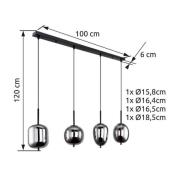 Hanglamp Blacky, zwart/rookgrijs, lengte 110 cm, 4-lamps.