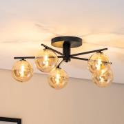 Prato plafondlamp, zwart/amber, glas, 5-lamps